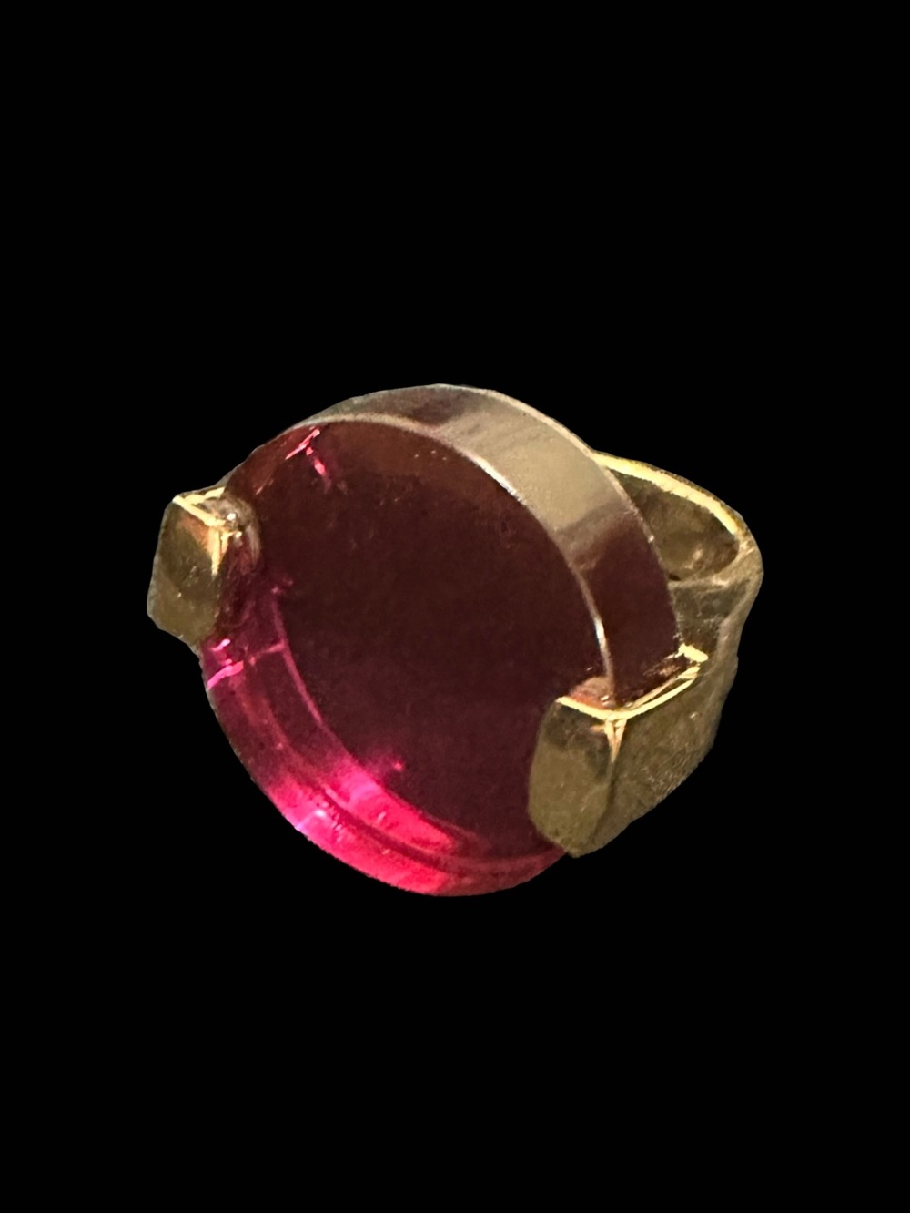 Gold-Tone Ring with Deep Pink Round Glass Cabochon